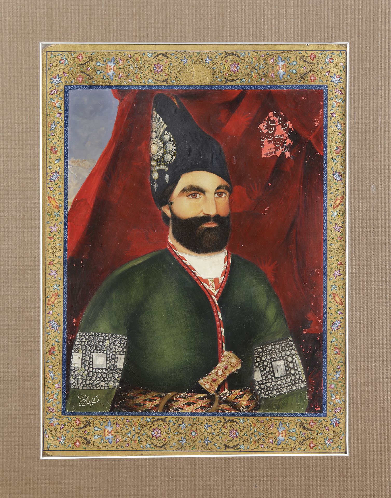 A PORTRAIT OF MUHAMMAD SHAH QAJAR BY MUHAMMAD HASAN AFSHAR, DATED 1251 AH/1835 AD - Bild 2 aus 2