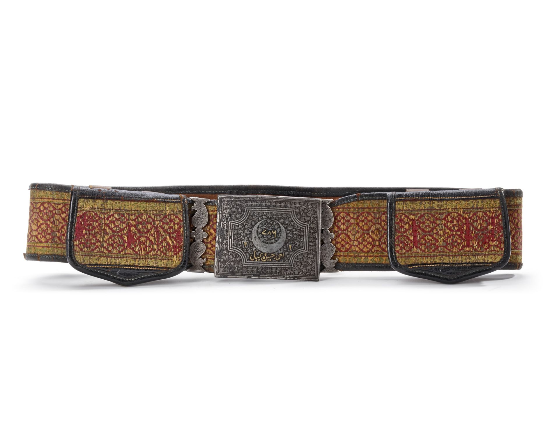 IHRAM BELT, LEATHER, SILK AND LINEN WITH METAL BUCKLE, 19TH CENTURY