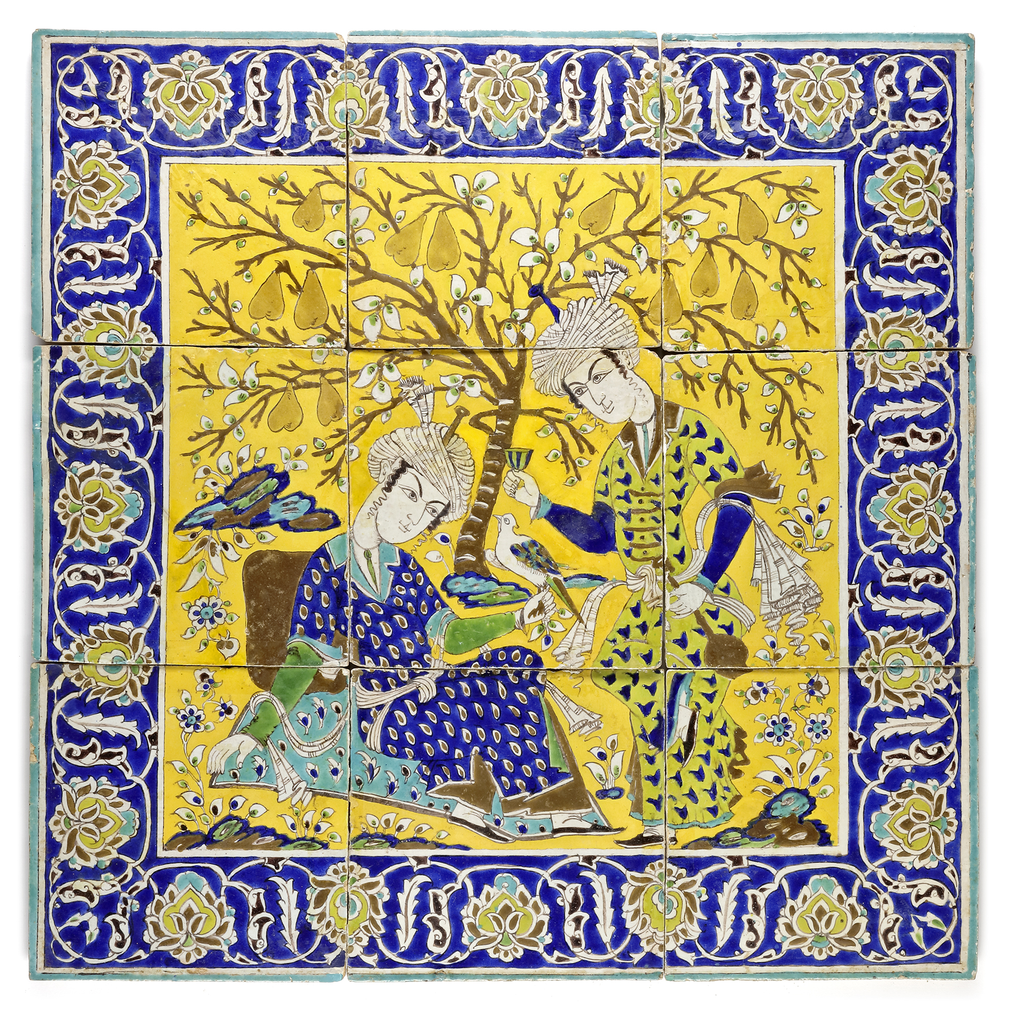 A QAJAR CUERDA SECA POTTERY TILE PANEL, PERSIA, 19TH CENTURY