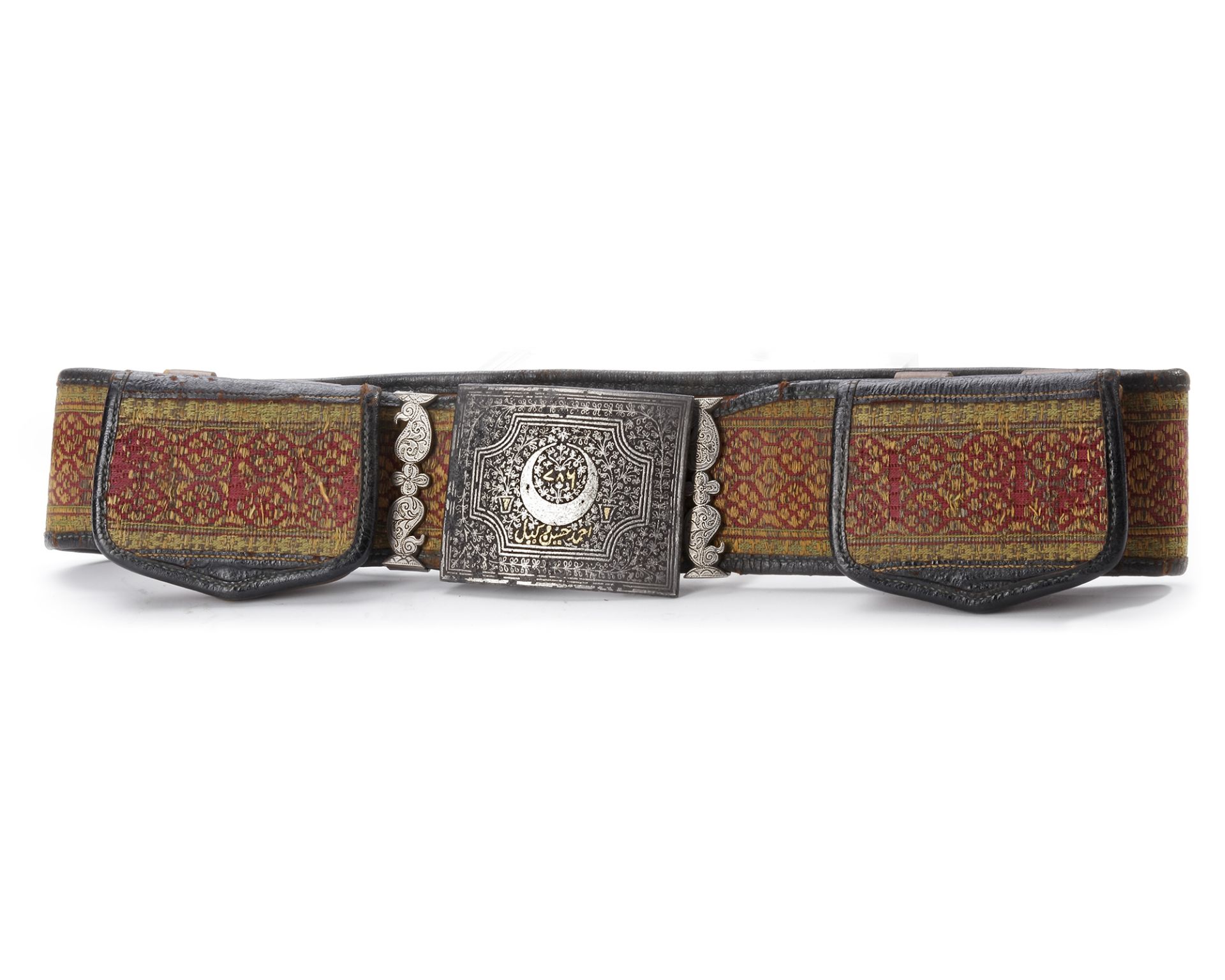 IHRAM BELT, LEATHER, SILK AND LINEN WITH METAL BUCKLE, 19TH CENTURY - Bild 2 aus 3