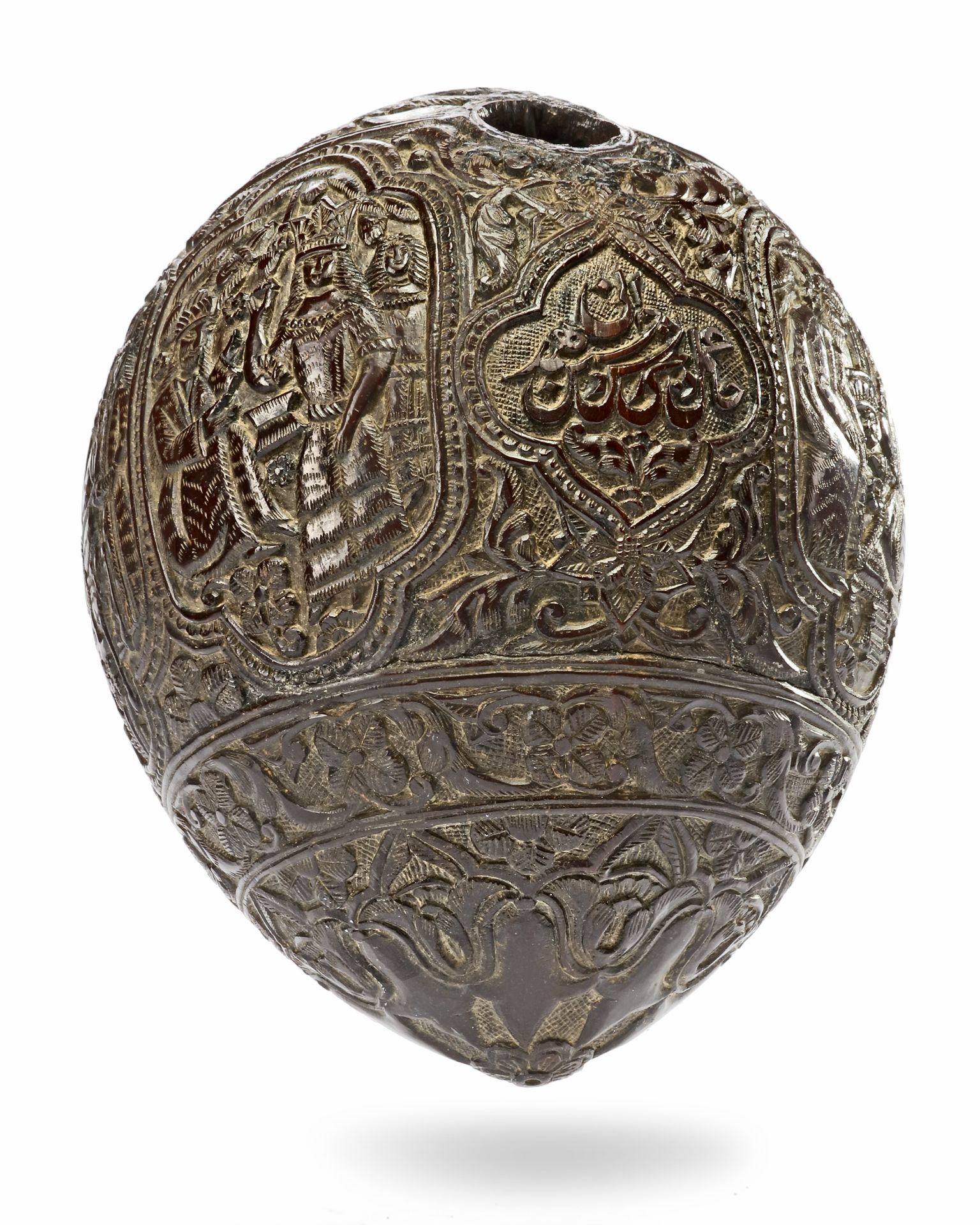 A QAJAR CARVED COCONUT HUQQA BASE, PERSIA, EARLY 19TH CENTURY