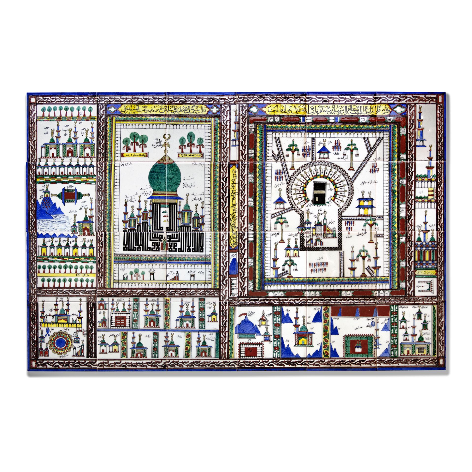 AN UNUSUAL KUTAHYA POTTERY PANEL DEPICTING A HAJJ MAP OF MECCA AND MEDINA, 19TH-EARLY 20TH CENTURY