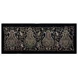 A RECTANGULAR EMBROIDERED PANEL WITH SILVER-GILT THREAD ON A BLACK GROUND, 20TH CENTURY