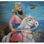 GURU GOBIND SINGH (1575- 1708) RIDING A HORSE HOLDING A SWORD, BY THE ARTIST RAM VERMA, SECOND HALF