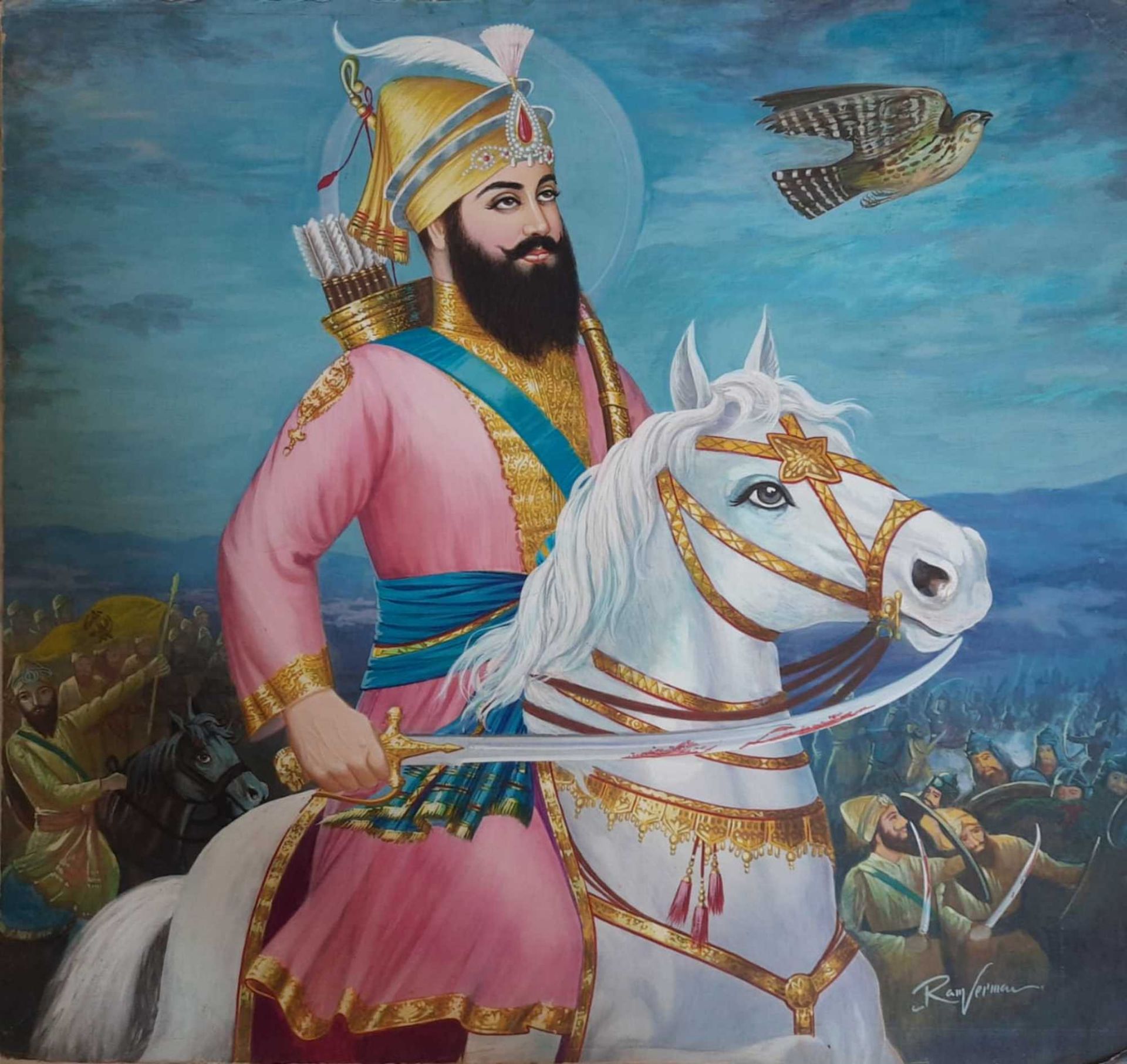 GURU GOBIND SINGH (1575- 1708) RIDING A HORSE HOLDING A SWORD, BY THE ARTIST RAM VERMA, SECOND HALF