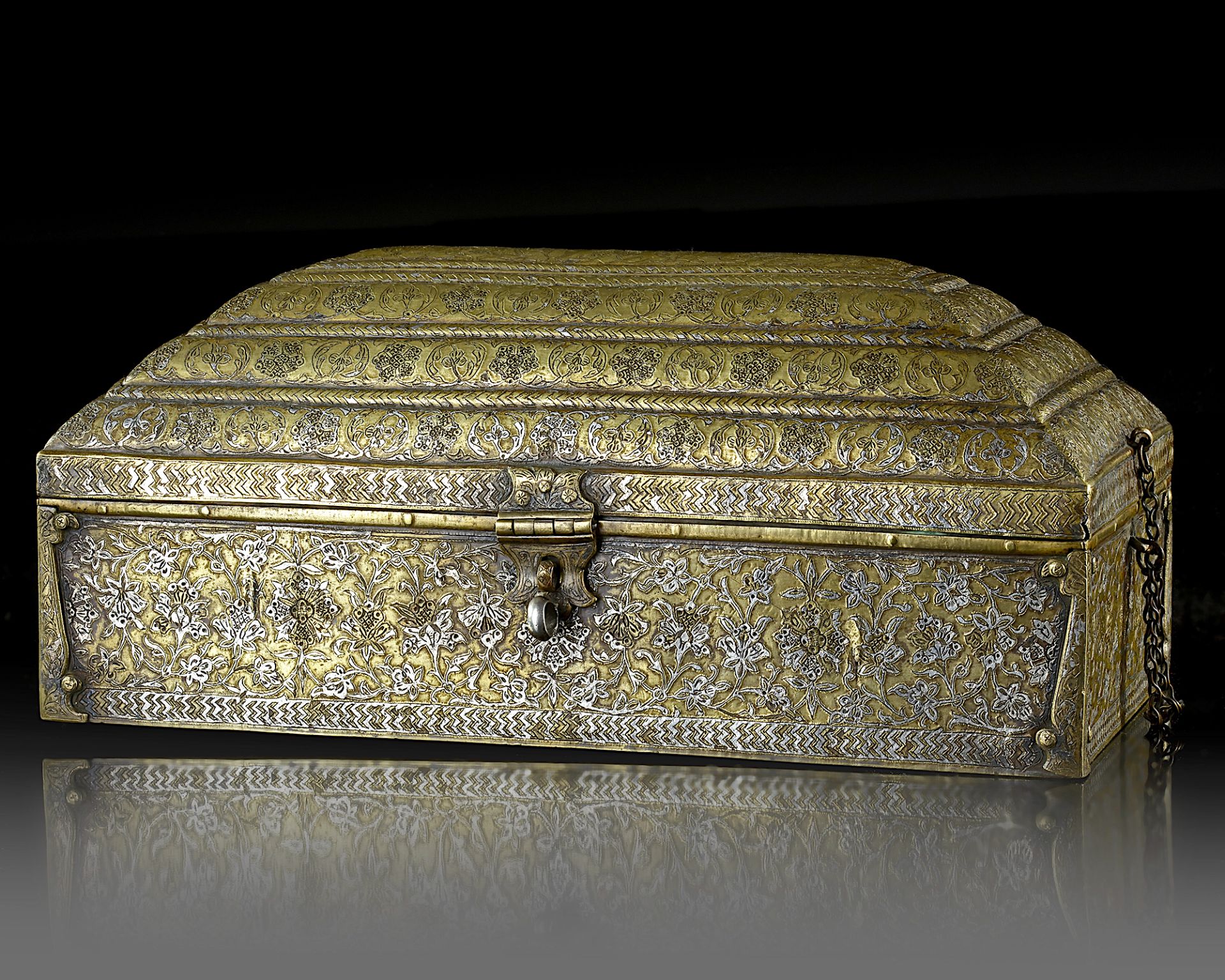 A SILVER INLAID BRASS SCRIBE'S WRITING BOX, DELHI SULTANATE INDIA, 15TH CENTURY