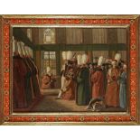 A PAINTING DEPICTING AN EUROPEAN AMBASSADOR IN AUDIENCE WITH THE GRAND VIZIER, SECOND HALF 18TH CENT