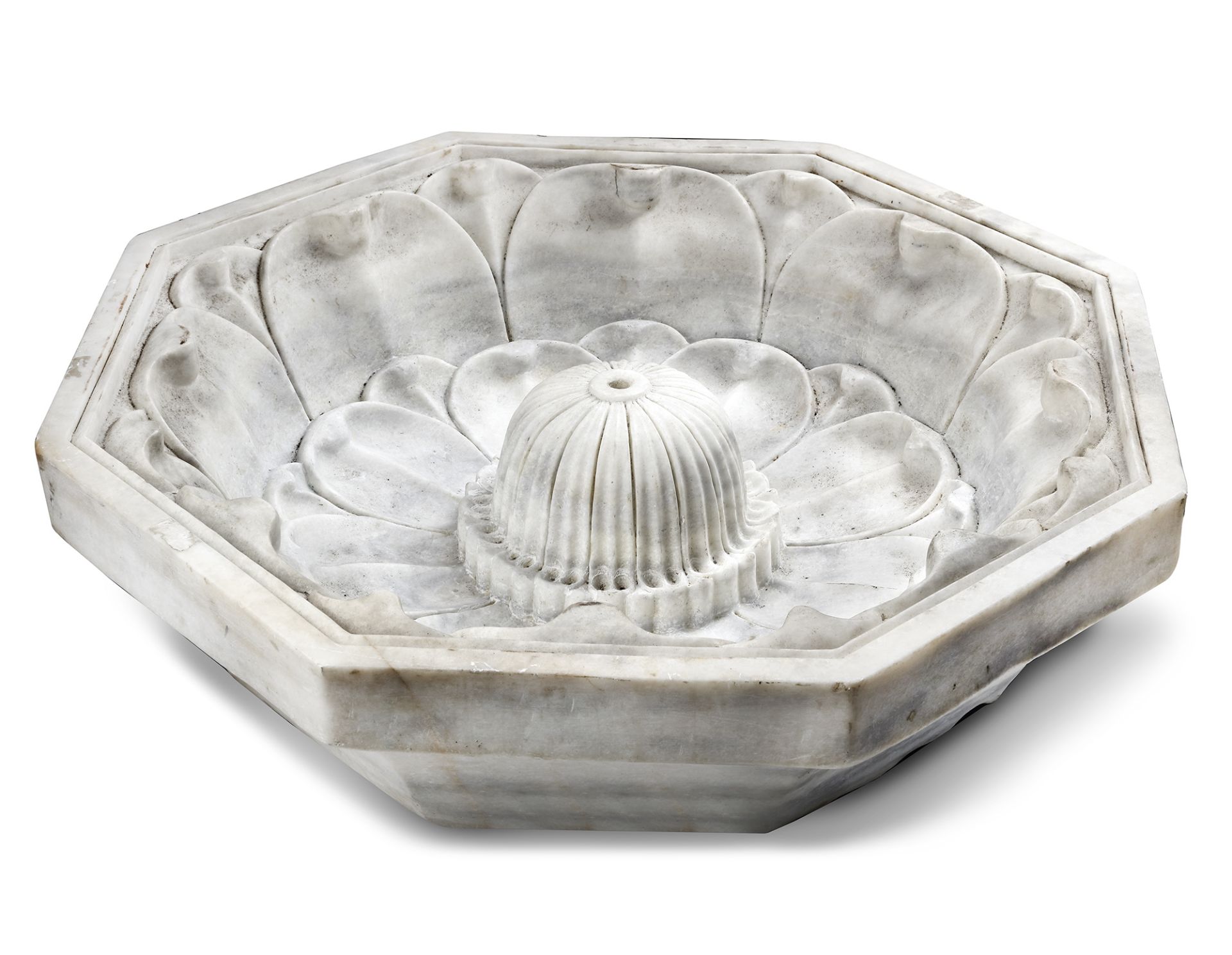 AN INDIAN CARVED WHITE MARBLE FOUNTAIN BASIN, NORTH INDIA, 19TH CENTURY