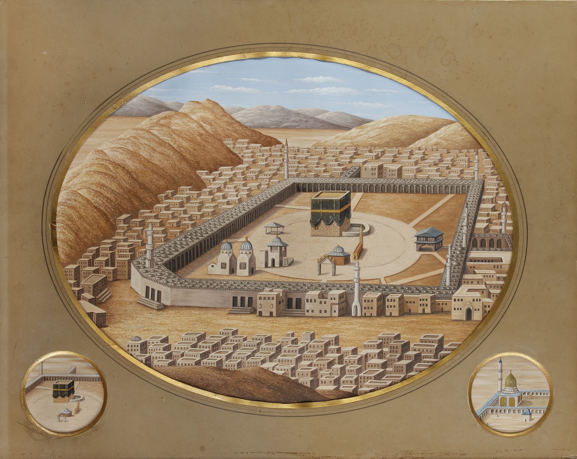 A PAIR OF PAINTINGS DEPICTING MECCA AND MEDINA, OTTOMAN TURKEY, 19TH CENTURY - Image 2 of 3