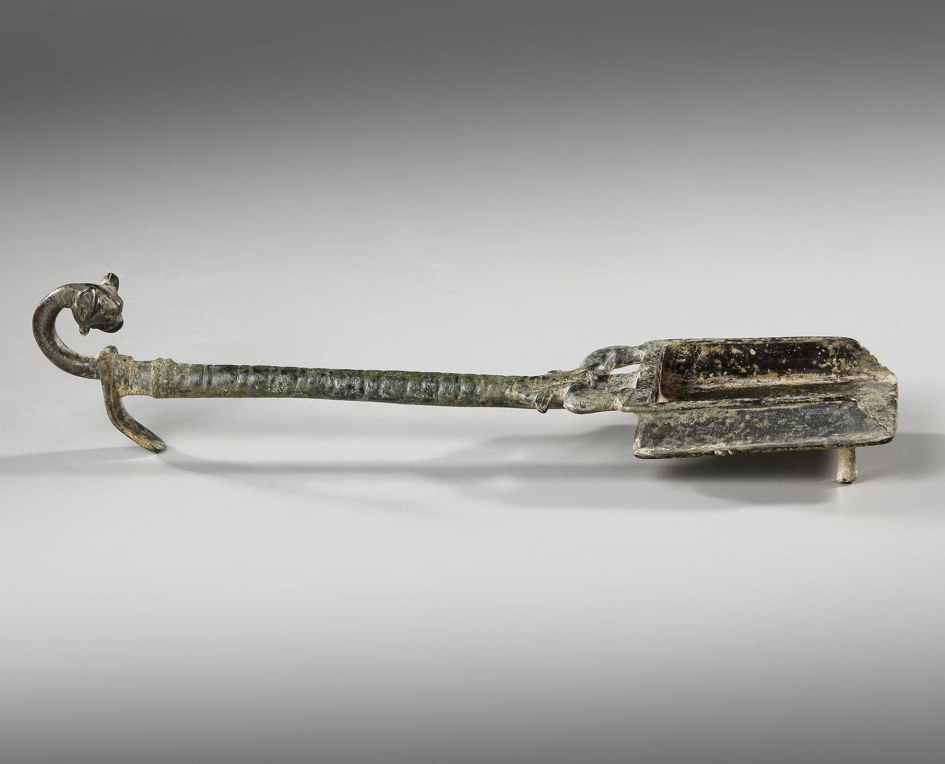 A ROMAN BRONZE INCENSE SHOVEL WITH A PANTHER HEAD, CIRCA 1ST-2ND. A.D. - Image 2 of 3