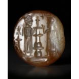 SASSANIAN LARGE AGATE DOMED SEAL WITH TWO FIGURES AND ALTAR, CIRCA 5TH-7TH CENTURY A.D.