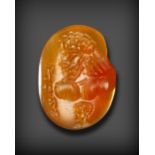 A SASSANIAN CARNELIAN STAMP SEAL WITH PORTRAIT BUST OF A MAN, CIRCA 6TH CENTURY A.D.