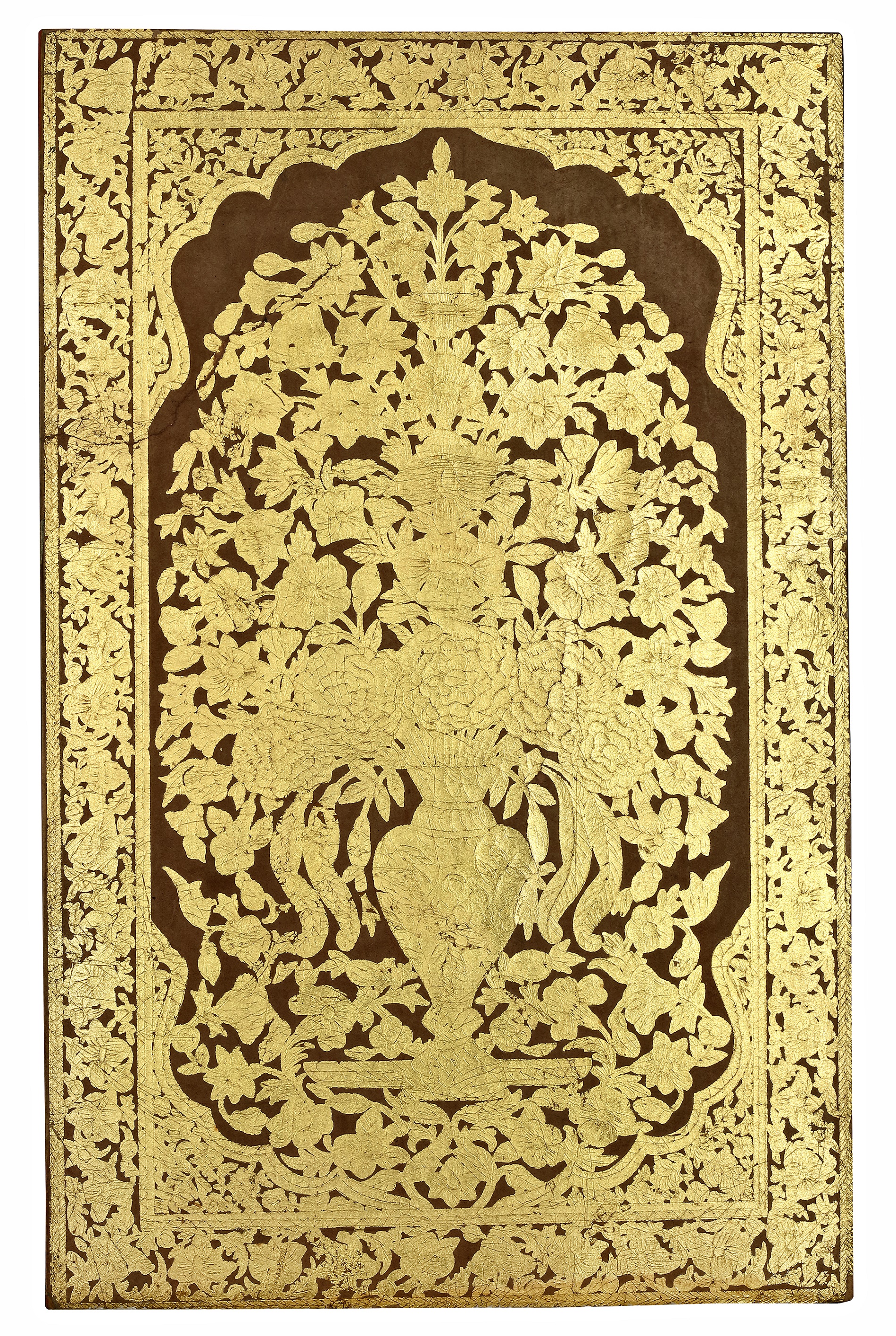 A GOLDEN ALBUM PAGE WITH DECOUPE VASE OF FLOWERS, BIJAPUR/DECCAN, INDIA, CIRCA 1630-1640