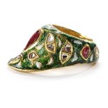 A GEM-SET AND ENAMELLED GOLD ARCHER'S RING, NORTH INDIA, CIRCA 18TH CENTURY