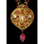 A GEM-SET AND ENAMELED GOLD PENDANT, INDIA, CIRCA 19TH CENTURY