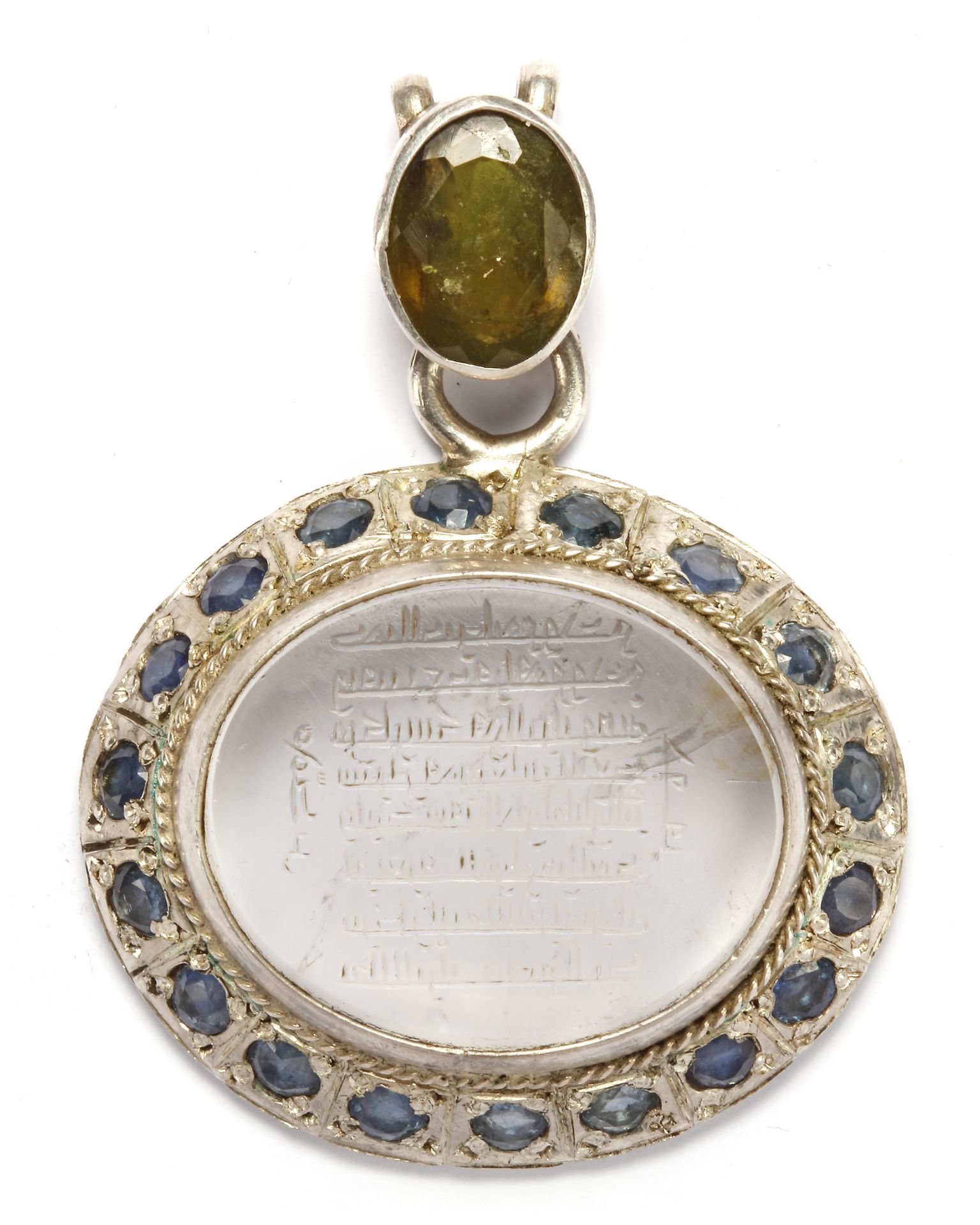 A CRYSTAL SILVER MOUNTED AND GEMSTONES- SET CARVED PENDANT, 4TH AH -11TH AD CENTURY - Image 2 of 7