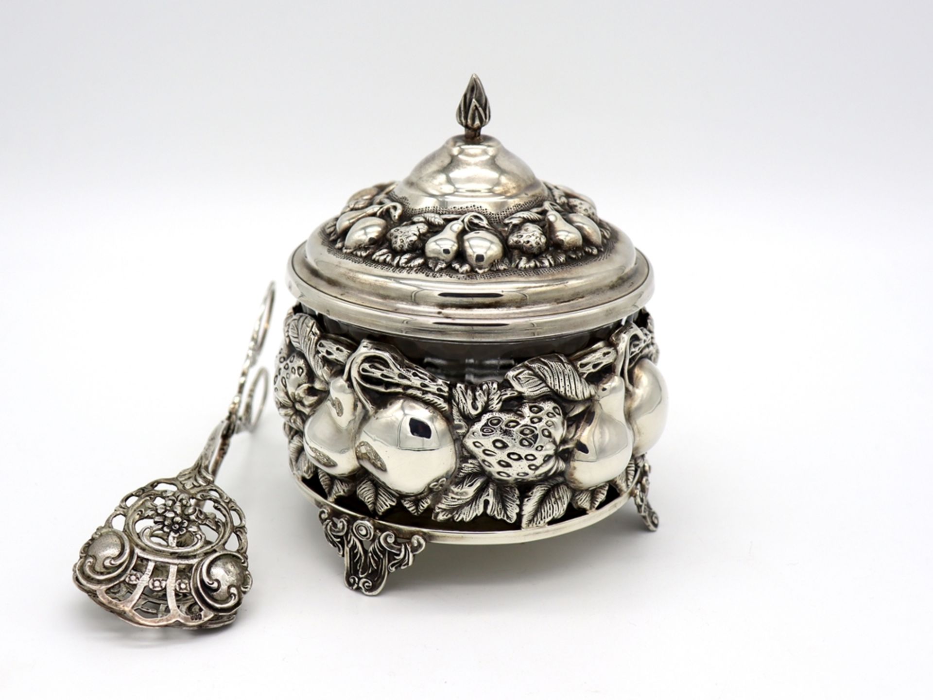 Sugar bowl in fruit decor, sterling silver with glass insert + pastry tongs - Image 11 of 11