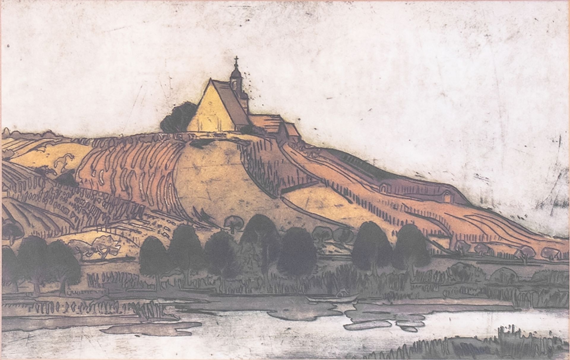 Graphic Gunter Ullrich (1925-2018), Aschaffenburg artist, Main landscape with chapel