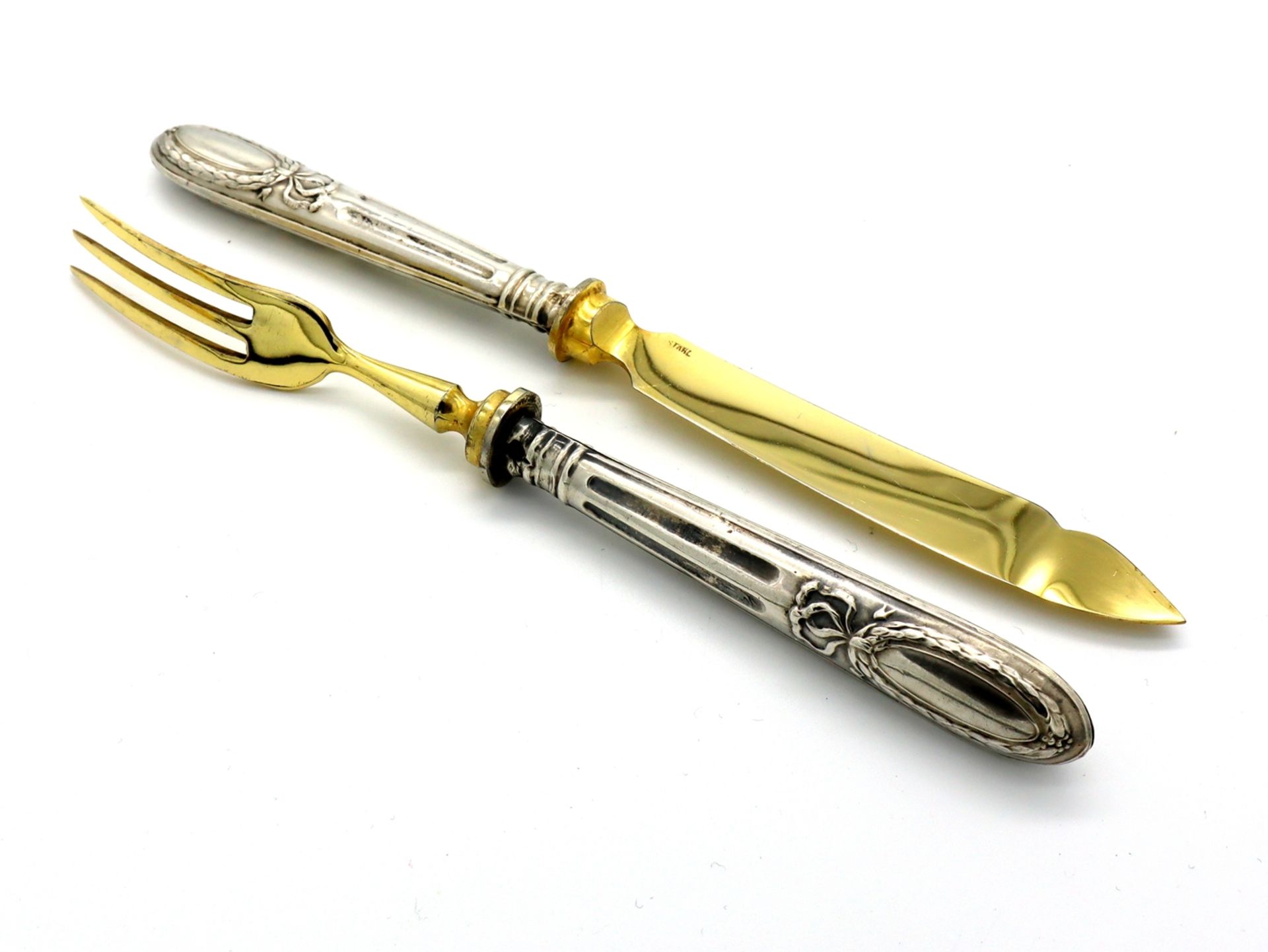 Fine Art Nouveau fruit cutlery, silver for 6 persons in a case, around 1900. - Image 4 of 6