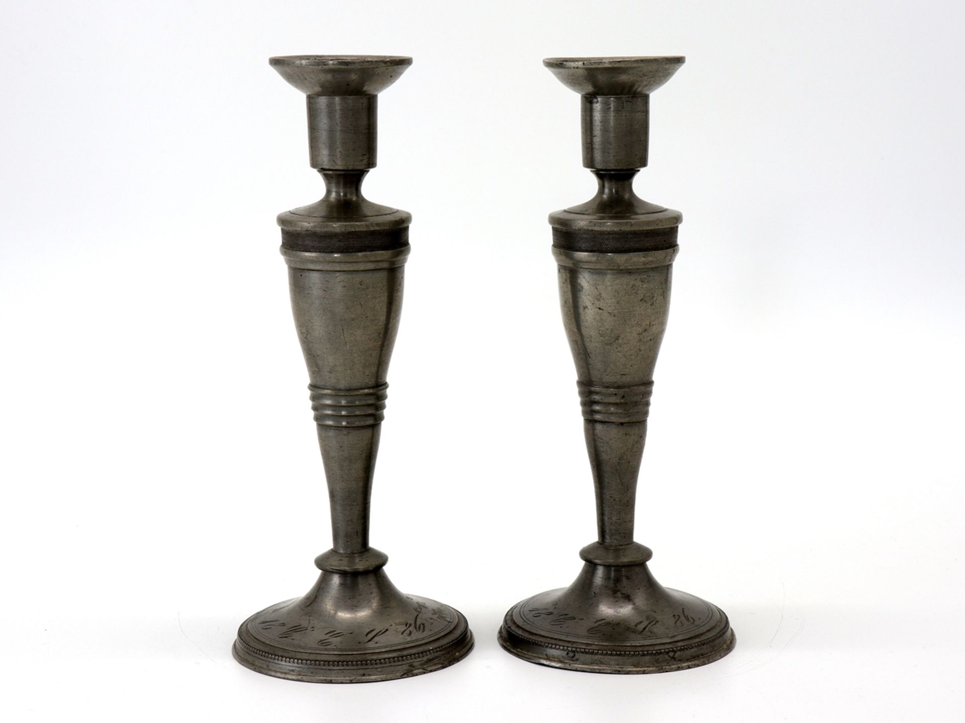 Pair of candlesticks pewter, dated 1886