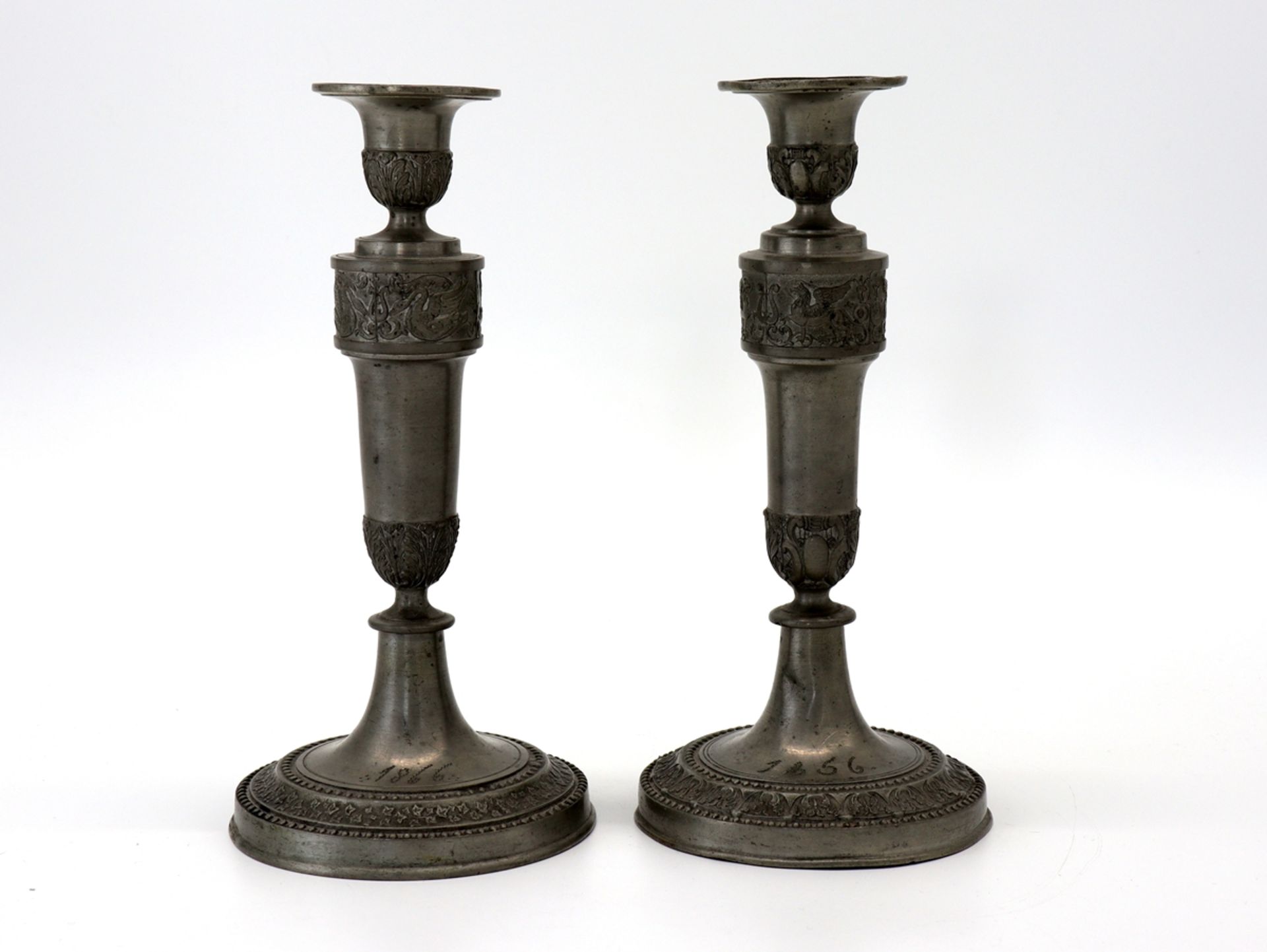 Pair of candlesticks pewter, dated 1866