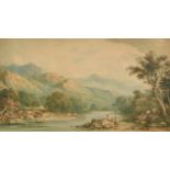 John Varley (1778-1842) British. An Extensive Mountainous River Landscape with Figures Fishing in
