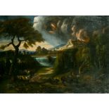 17th Century Italian School. A Conflagration in a Classical Landscape with a with Figures and Cattle
