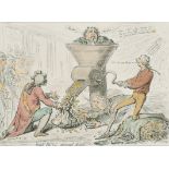 After James Gillray (1757-1815) British. "John Bull Ground Down", Hand Coloured Etching, 9.6" x 13.