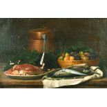19th Century European School. Still Life of Fish, Meat, Wine and Fruit, Oil on Canvas, Signed with