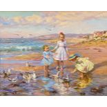 Konstantin Razumov (1974- ) Russian. "Three Young Girls on a Beach in Normandy", Oil on Canvas,