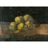 Late 18th Century Spanish School. Still Life of Fruit on a Ledge, Oil on Canvas, Unframed 16" x 21.