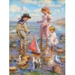 Konstantin Razumov (1974- ) Russian. "Children Playing with Toy Yachts", Oil on Canvas, Signed in