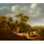 Attributed to Klaes Molenaer (1630-1676) Dutch. Figures by a Cottage, Oil on Panel, Signed, 15.25" x