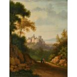 18th Century Dutch School. A Landscape with Figures and a Hilltop Town beyond, Oil on Panel, 6.5"