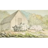 John Nixon (1750-1818) British. Pigs by a Barn, Watercolour, Signed with Initials and Dated 1787,