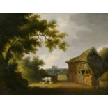 Attributed to Edward Train (1801-1866) British. "Old Sheds and Cattle, Exeter Cathedral in the