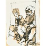Ruth Schloss (1922-2013) Israeli. Study of Two Children in a Doorway, Mixed Media, Signed, and