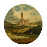 19th Century English School. Study of a Church in a River Landscape, possibly Fonthill Abbey, Dorset