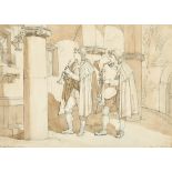 Achille Pinelli (1809-1841) Italian. Musicians by an Altar Piece, Ink and Wash, Signed and Inscribed