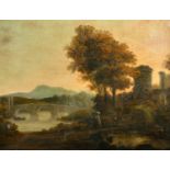 18th Century English School. An Extensive River Landscape with Figures Crossing a Bridge, Oil on