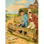 William Weekes (1856-1909) British. Two Men in the Stocks with Geese coming to Jeer, Oil on Panel,