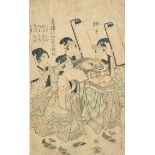 Circle of Shunzan (19th Century) Japanese. Geisha Girls in a Procession, Woodblock, Signed with