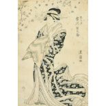 Circle of Toyokuni (19th Century) Japanese. A Geisha, Woodblock, Signed within Woodblock, 14.25" x