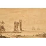 18th Century Dutch School. A Coastal Scene with a Fortification, Ink and Wash, 5.75" x 8.75" (14.6 x