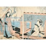 Circle of Kunisada (1848-1920) Japanese. A Figure by a Boat, Woodblock, Signed with Motif, 14.25"