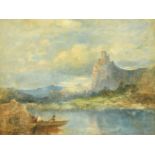 S. Poole (19th Century) British. A River Landscape with Figures in a Boat, with a Hilltop