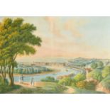 18th Century French School. "Vue de Rouen", Watercolour, with Eglomise Glass, 20" x 28" (50.8 x 71.