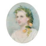 19th Century English School. A Young Girl with a Garland of Flowers in her Hair, Miniature, Oval 2.