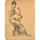 Early 19th Century English School. Study of a Seated Female Nude, Charcoal, Unframed 24" x 18" (61 x