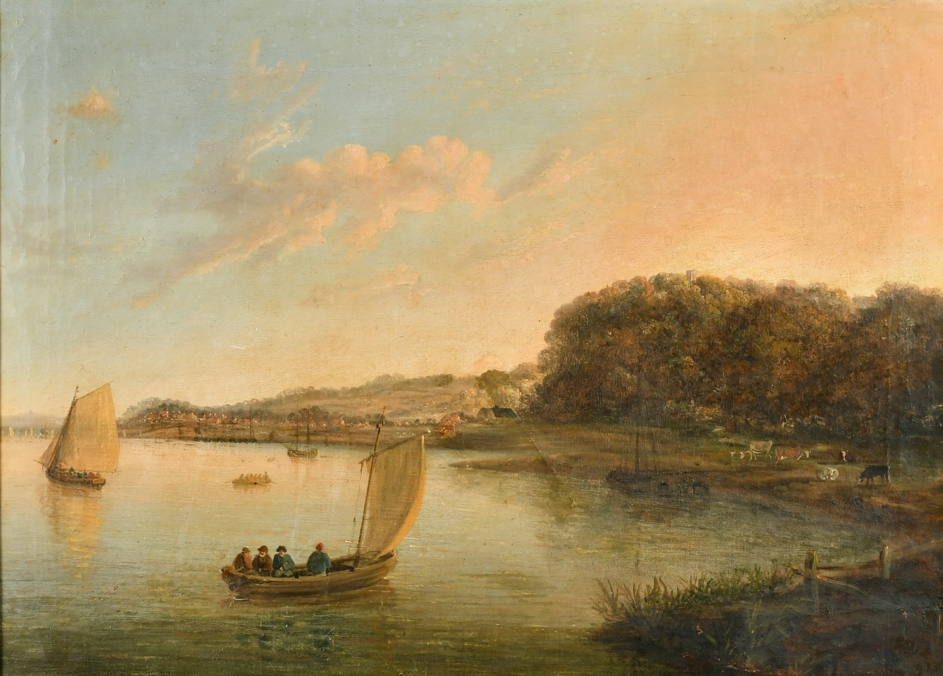 Early 19th Century English School. A River Landscape with Figures in a Sailing Boat, Oil on